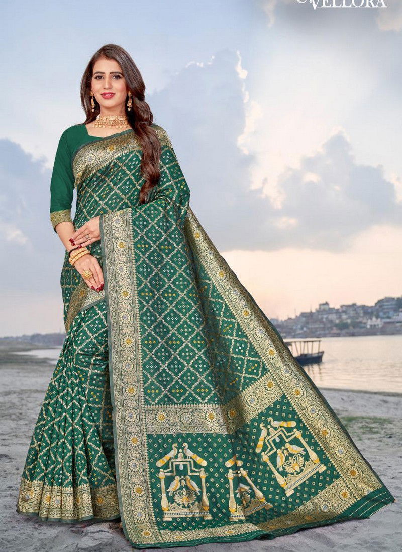 Green Colour Latest fancy Bandhani Designer Festival and wedding Wear Heavy Banarasi Silk Sarees Collections 3204